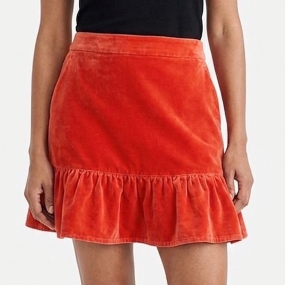 J. Crew Red Orange Velvet‎ Skirt Medium PR5879 Party Pockets Ruffles